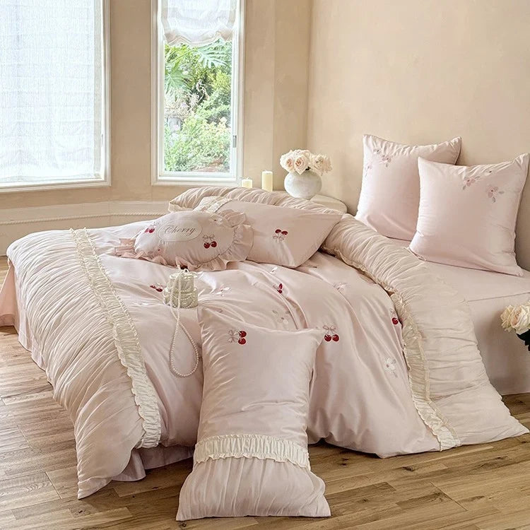 Bedding Set Silky Satin Cherry Embroidery & Gathered Ruffle