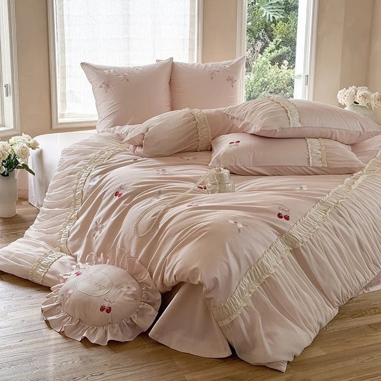 Bedding Set Silky Satin Cherry Embroidery & Gathered Ruffle