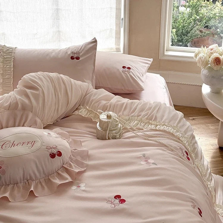 Bedding Set Silky Satin Cherry Embroidery & Gathered Ruffle