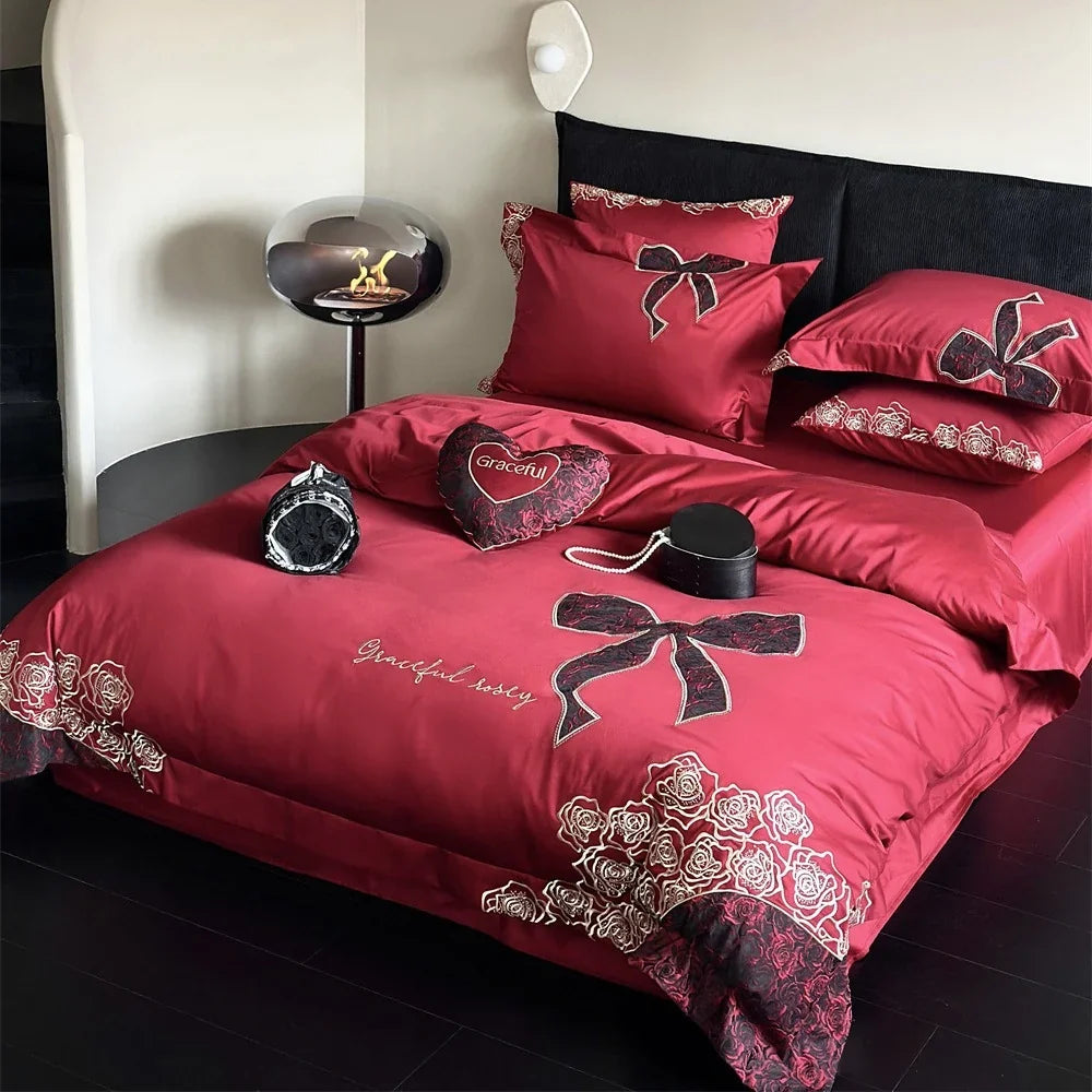 Bedding Set Silky Satin Embroidered Rose & Bow