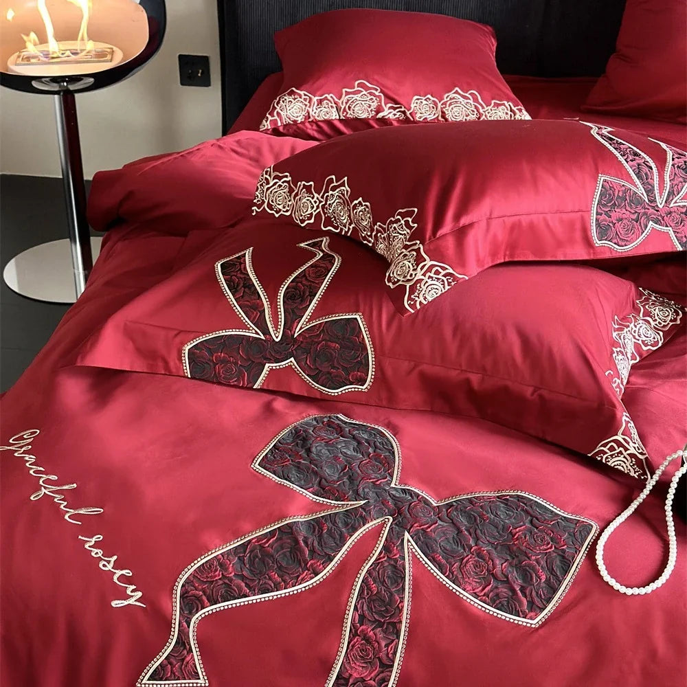 Bedding Set Silky Satin Embroidered Rose & Bow