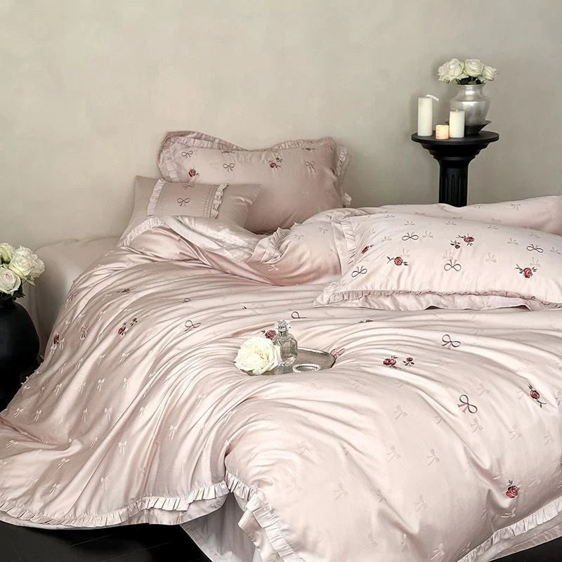 Bedding Set Silky Satin & Floral Embroidery Machine Washable