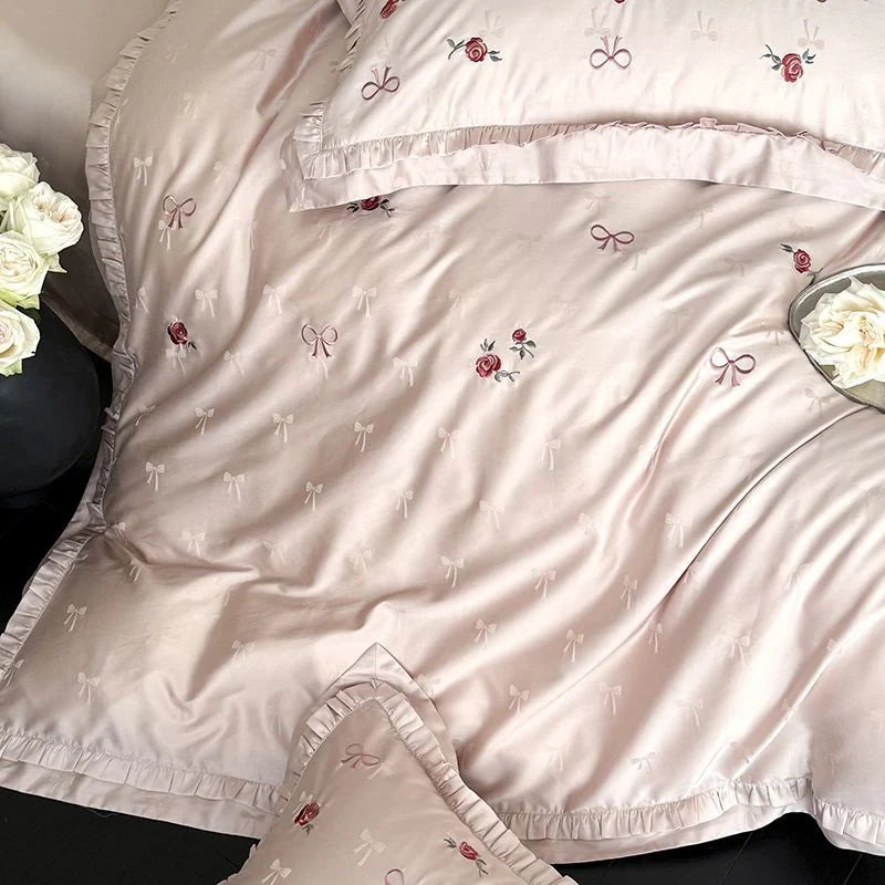 Bedding Set Silky Satin & Floral Embroidery Machine Washable
