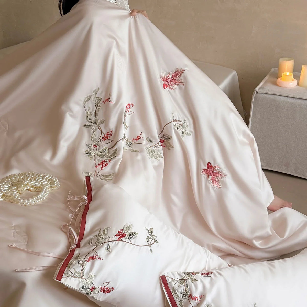Bedding Set Silky Satin Floral Embroidery Machine Washable
