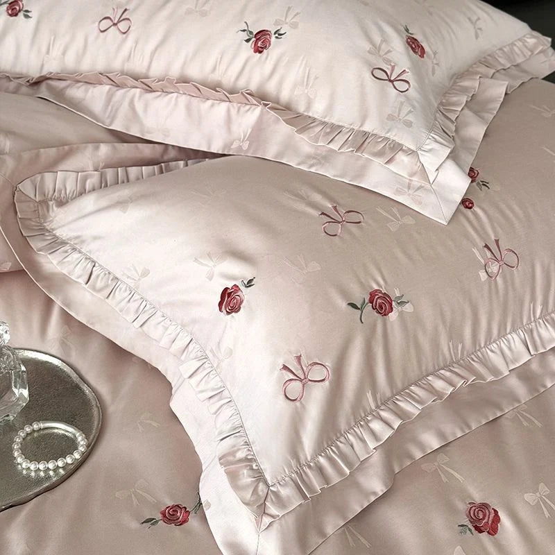 Bedding Set Silky Satin & Floral Embroidery Machine Washable
