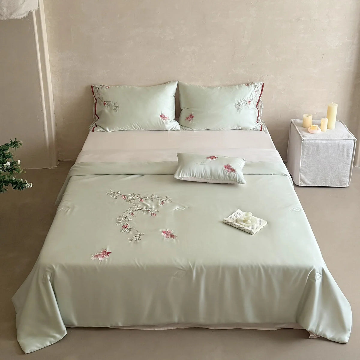 Bedding Set Silky Satin Floral Embroidery Machine Washable