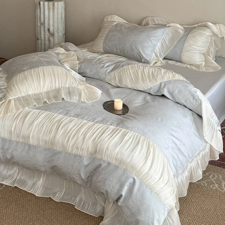 Bedding Set Silky Satin Jacquard Pleated Ruffle 4-Piece