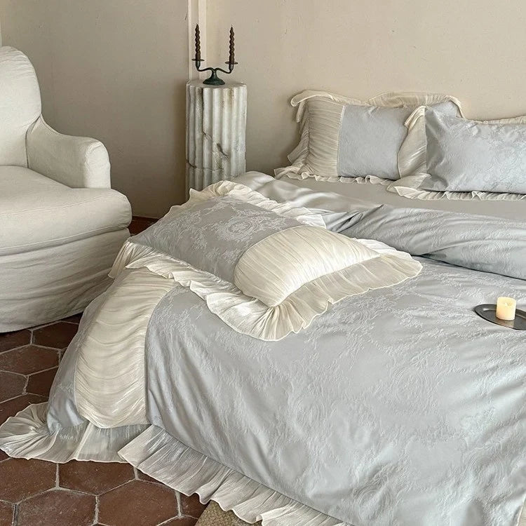Bedding Set Silky Satin Jacquard Pleated Ruffle 4-Piece