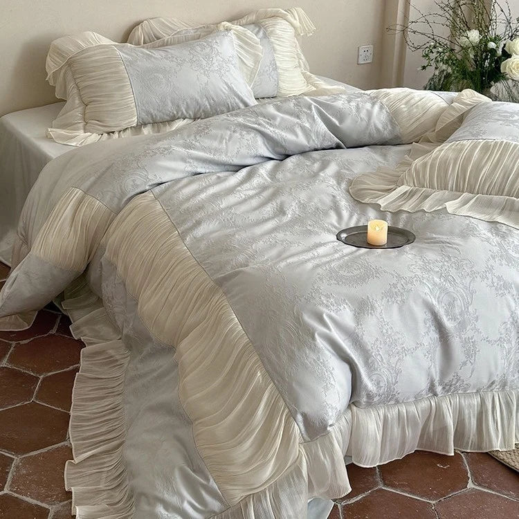 Bedding Set Silky Satin Jacquard Pleated Ruffle 4-Piece