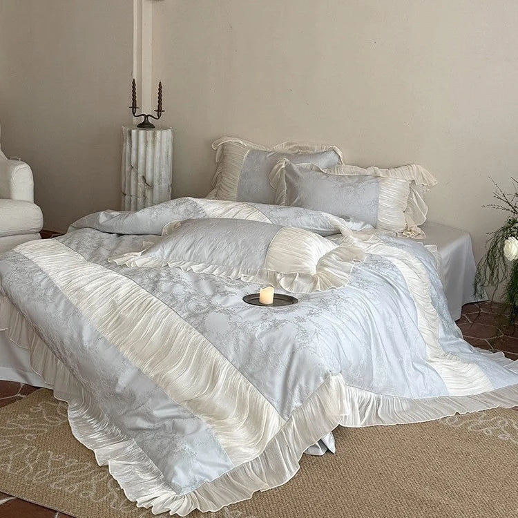 Bedding Set Silky Satin Jacquard Pleated Ruffle 4-Piece