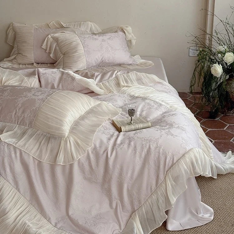Bedding Set Silky Satin Jacquard Pleated Ruffle 4-Piece