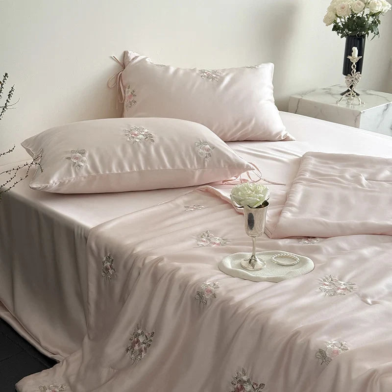 Bedding Set Silky Satin & Rose Embroidery
