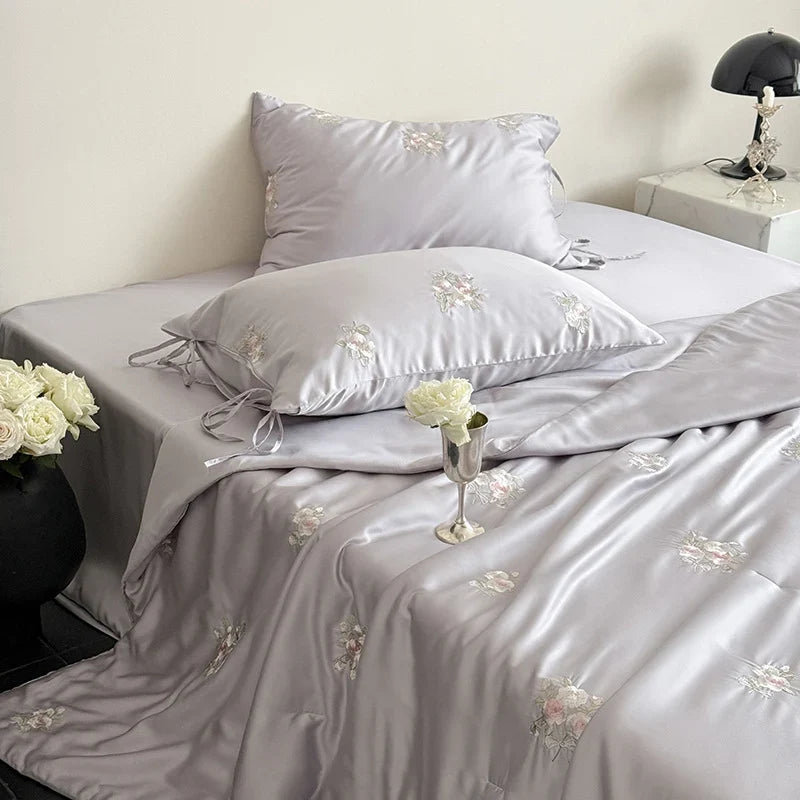 Bedding Set Silky Satin & Rose Embroidery
