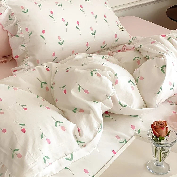 Bedding Set Soft & Breathable Cotton Floral Ruffle Concealed Zipper