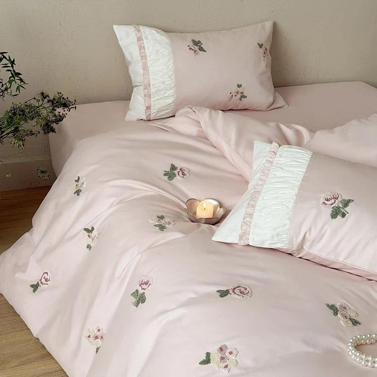 Bedding Set Soft Breathable Cotton & Rose Embroidery