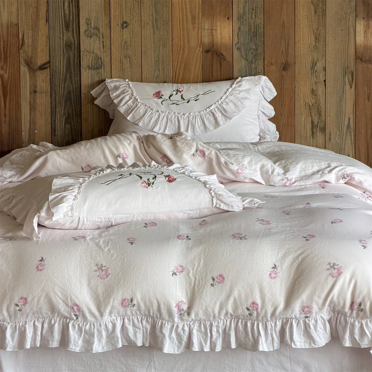 Bedding Set Soft Woven Cotton Rose Embroidery & Ruffle Trim