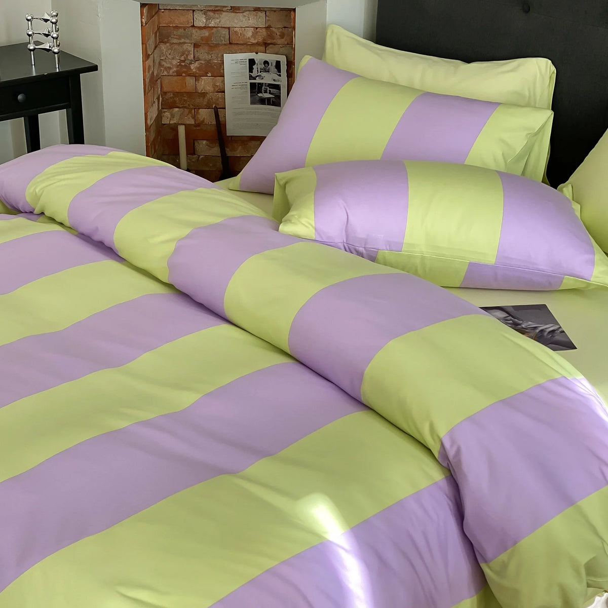 Bedding Set Striped Cotton Satin Hidden Zipper