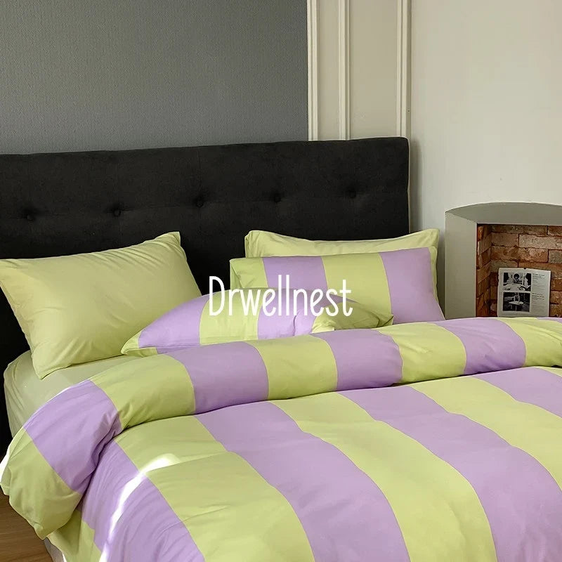 Bedding Set Striped Cotton Satin Hidden Zipper