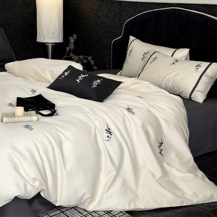 Bedding Set Temperature-Regulating Satin & Floral Embroidery