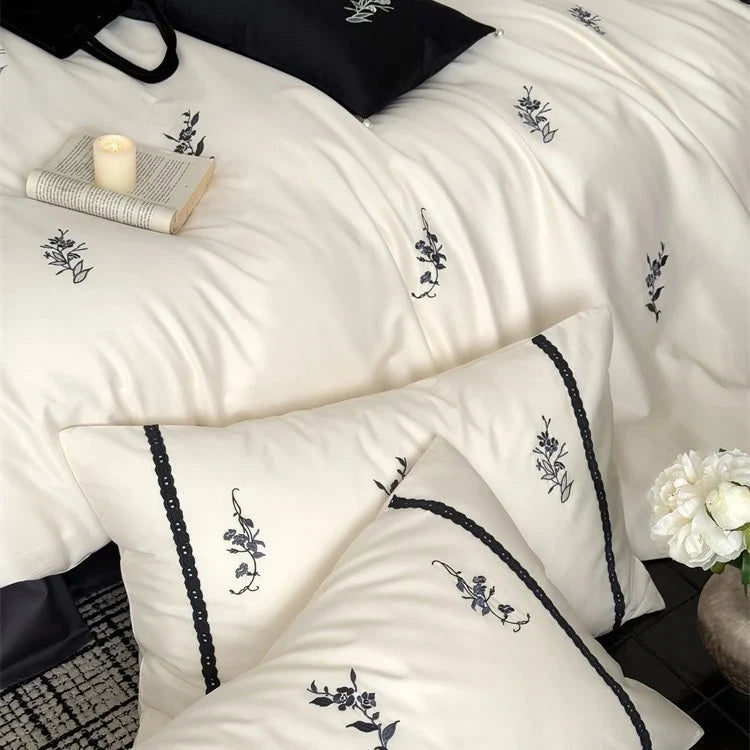 Bedding Set Temperature-Regulating Satin & Floral Embroidery
