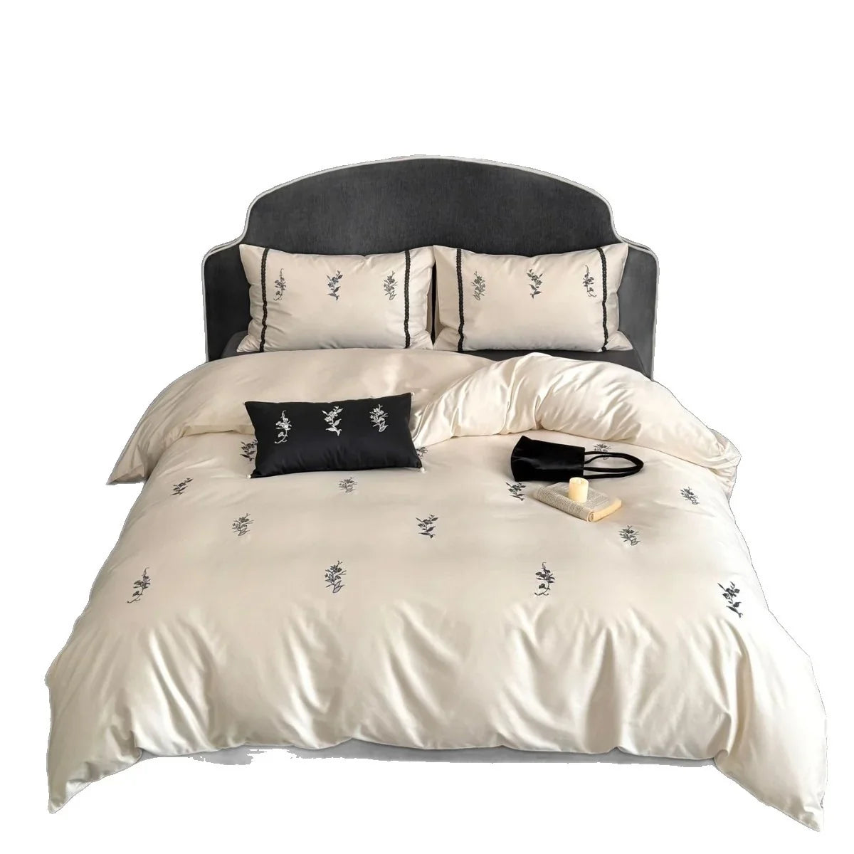 Bedding Set Temperature-Regulating Satin & Floral Embroidery
