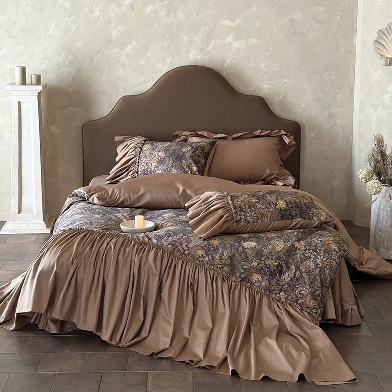 Bedding Set Tonal Floral Jacquard Flounce & Ruffle Trim