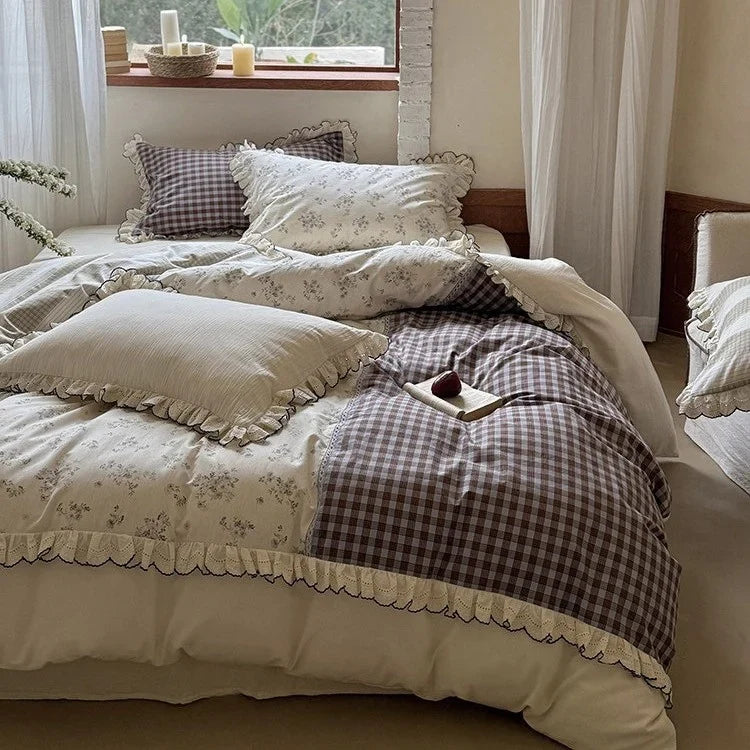 Bedding Set Vintage Patchwork Cotton Blend Ruffle & Lace