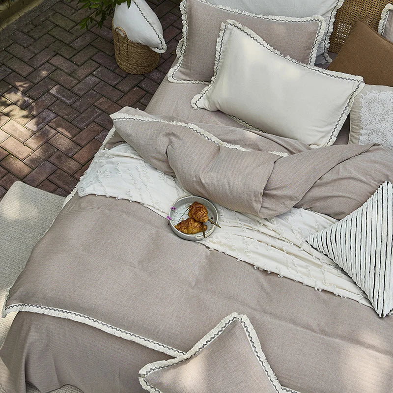 Bedding Set Washed Cotton-Linen Lace Trim Wrinkle-Resistant 4-Piece