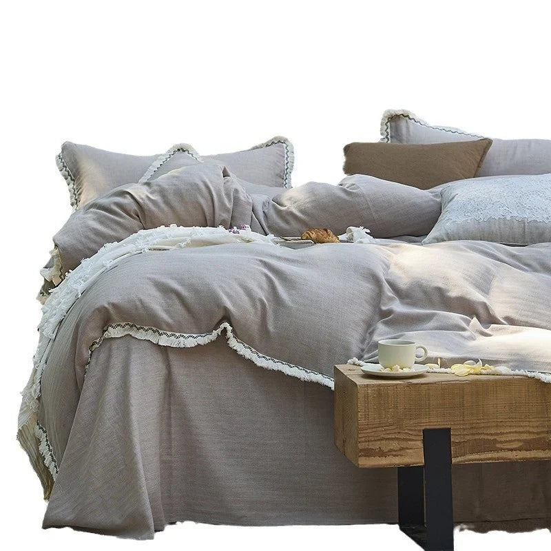 Bedding Set Washed Cotton-Linen Lace Trim Wrinkle-Resistant 4-Piece