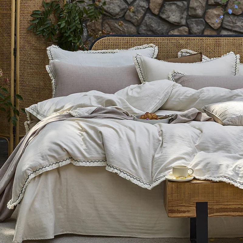 Bedding Set Washed Cotton-Linen Lace Trim Wrinkle-Resistant 4-Piece