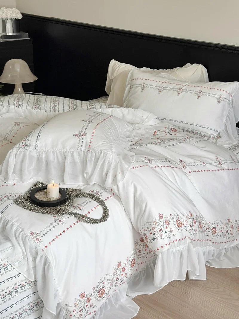 Bedding Set Washed Cotton Ruffled Edges Floral Embroidery Four-Piece