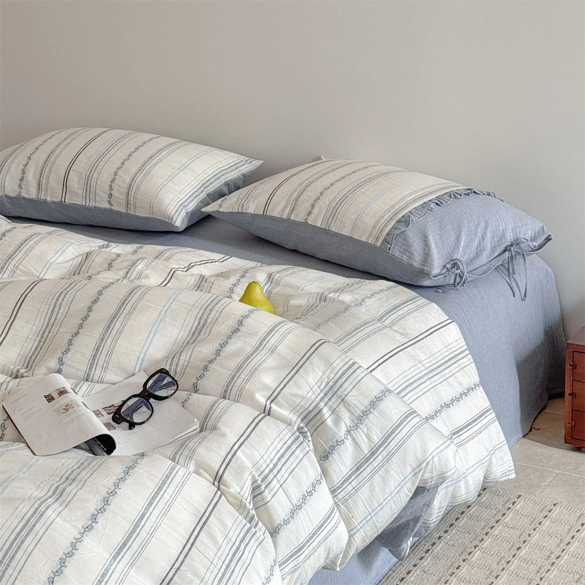 Bedding Set Washed Linen-Cotton Breathable Tie Pillowcases