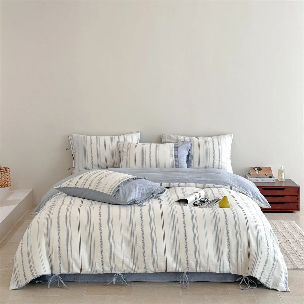 Bedding Set Washed Linen-Cotton Breathable Tie Pillowcases