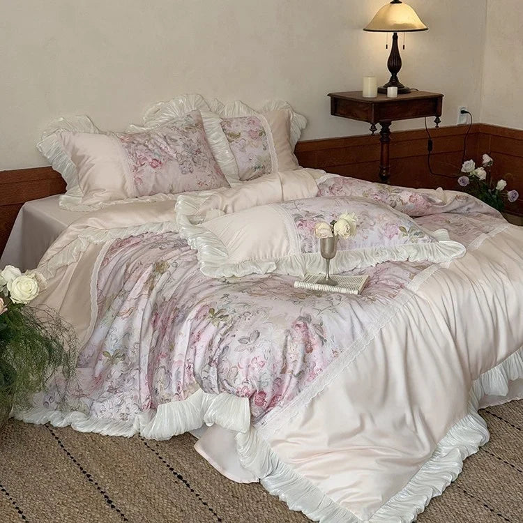 Bedding Set Watercolor Floral Reversible Lace Trim