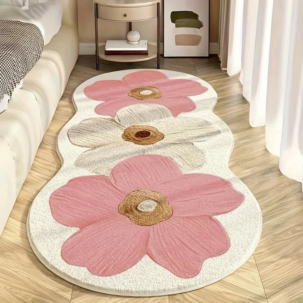 Bedroom Rug Petal-Shaped Floral Short Pile & Non-Slip Backing