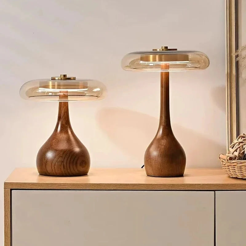 Bedside Table Lamp Clear Glass Turned Walnut Base