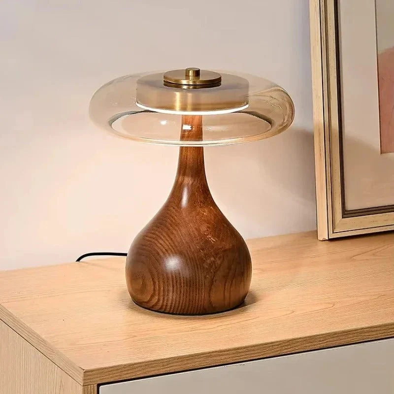 Bedside Table Lamp Clear Glass Turned Walnut Base