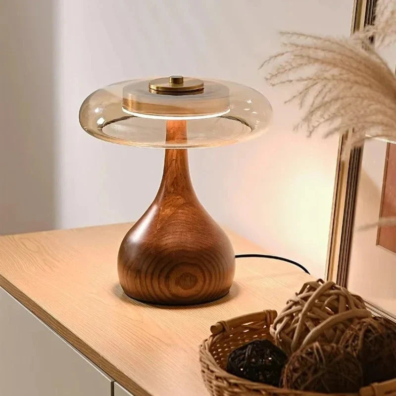 Bedside Table Lamp Clear Glass Turned Walnut Base