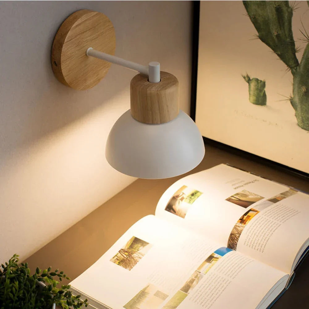 Bedside Wall Lamp Angled Metal Shade & Timber Arm