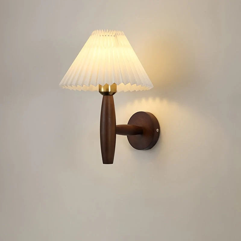 Bedside Wall Sconce Pleated Fabric Shade Timber Arm