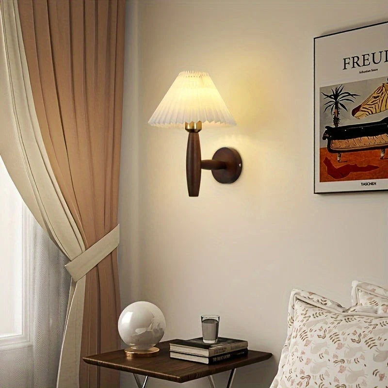 Bedside Wall Sconce Pleated Fabric Shade Timber Arm