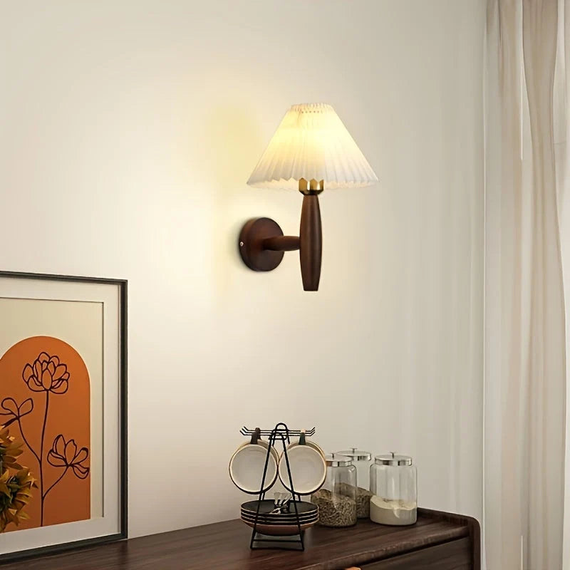 Bedside Wall Sconce Pleated Fabric Shade Timber Arm