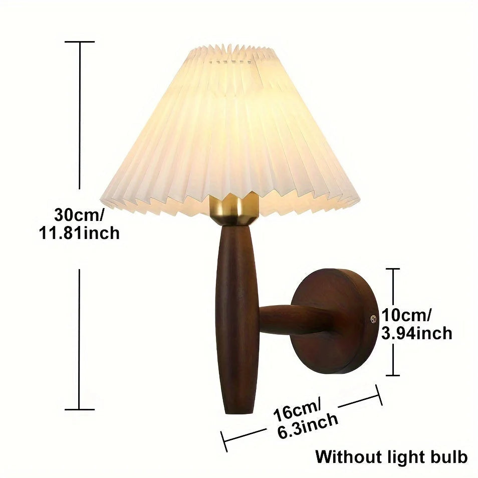 Bedside Wall Sconce Pleated Fabric Shade Timber Arm
