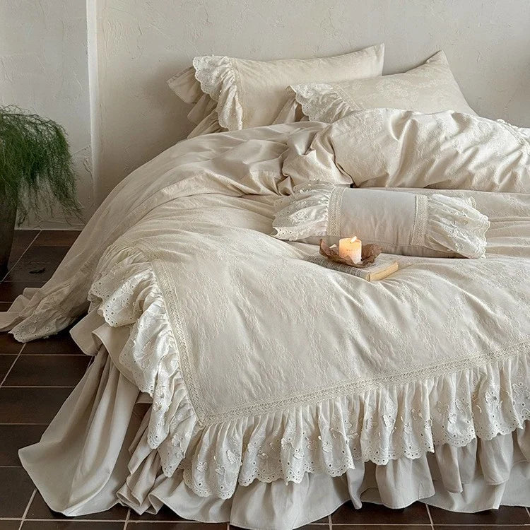 Bedspread 4-Piece Set Cotton-Linen Double Ruffle & Lace Trim