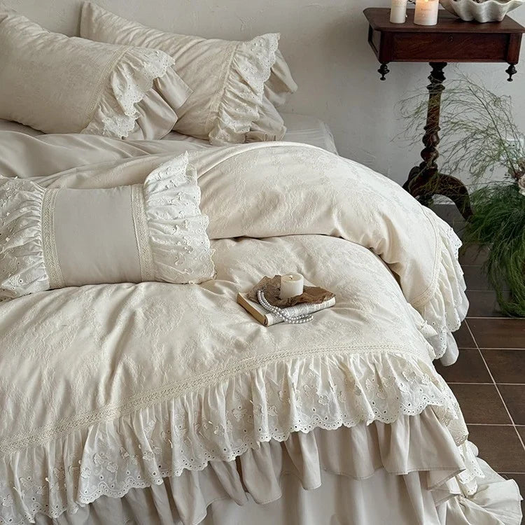 Bedspread 4-Piece Set Cotton-Linen Double Ruffle & Lace Trim