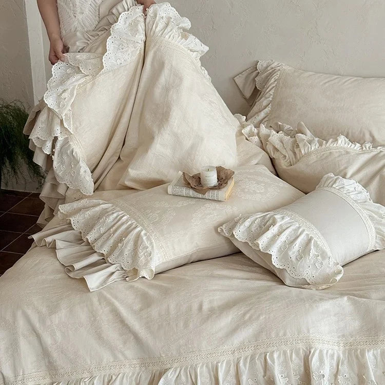 Bedspread 4-Piece Set Cotton-Linen Double Ruffle & Lace Trim