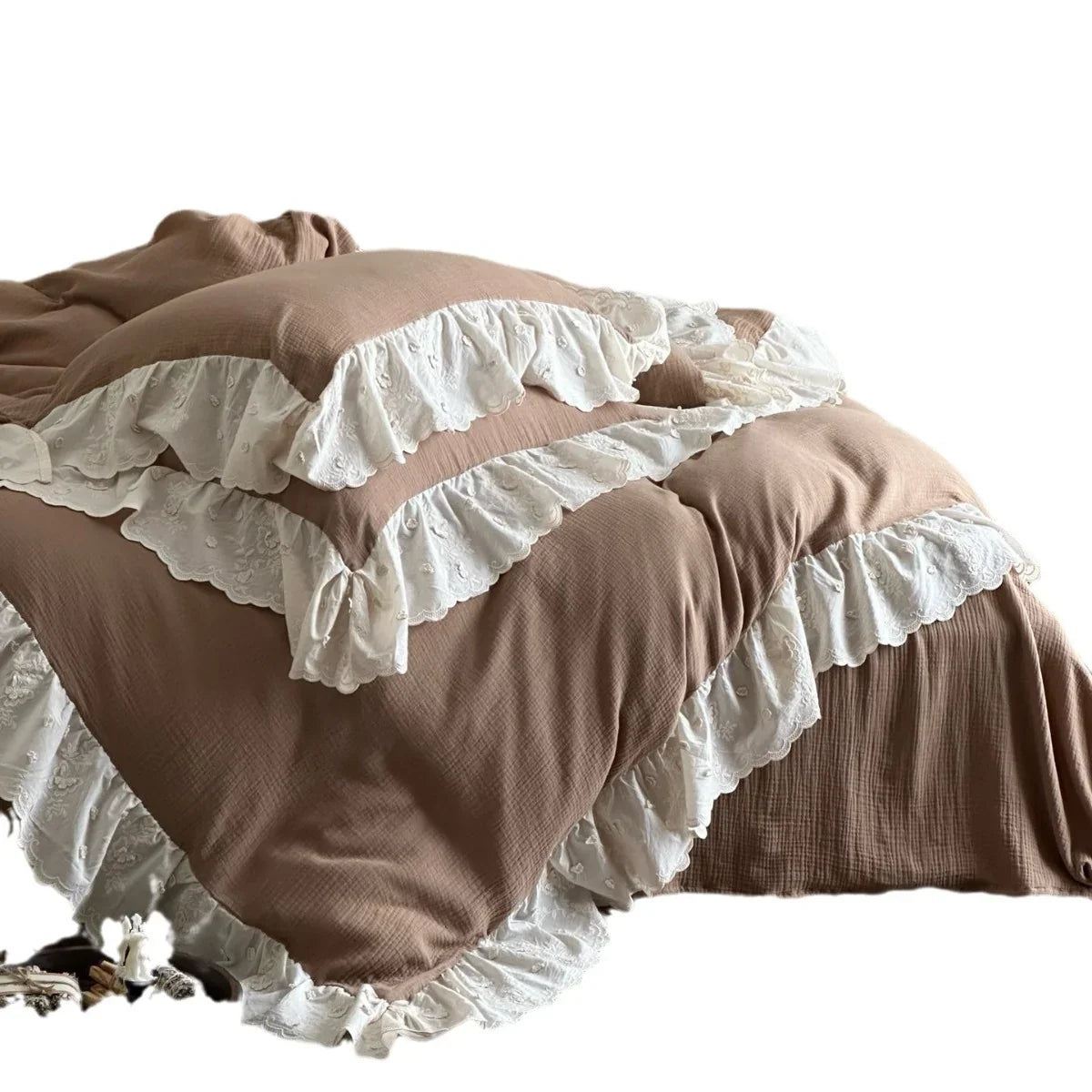Bedspread 4-Piece Set Quilted Cotton Gauze Embroidered Ruffles