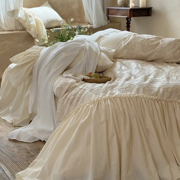 Bedspread & Bed Skirt Set Wide Ruffle Embroidery