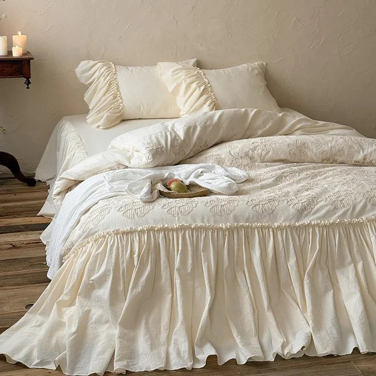 Bedspread & Bed Skirt Set Wide Ruffle Embroidery