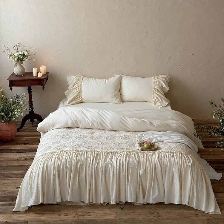 Bedspread & Bed Skirt Set Wide Ruffle Embroidery